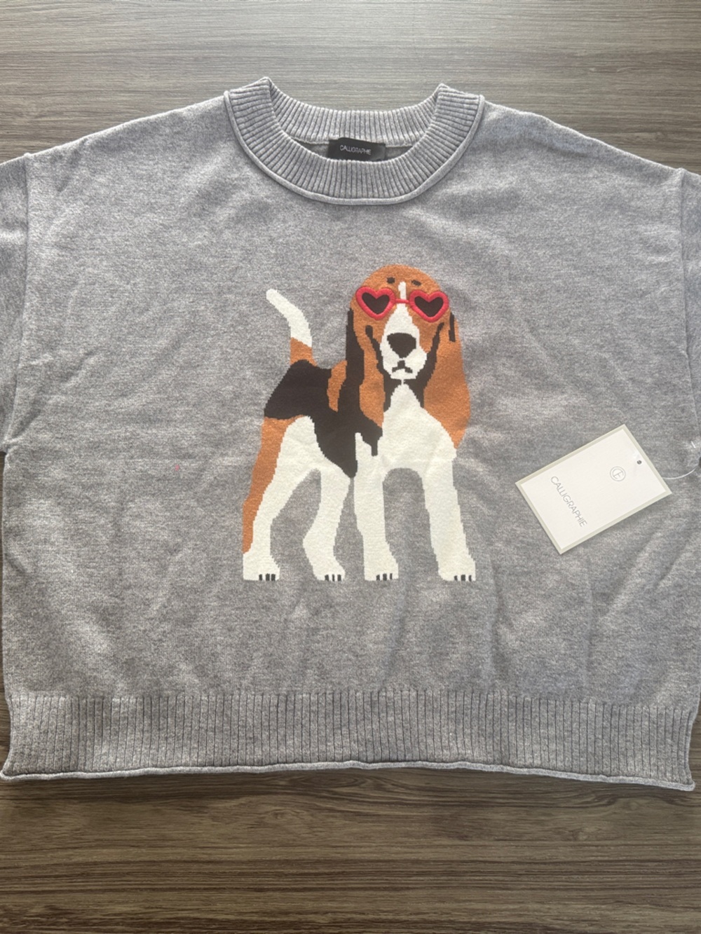 Adorable Anthropology Gray Dog (Beagle) Graphic Pullover Sweater - Calligraphie - Picture 2 of 5